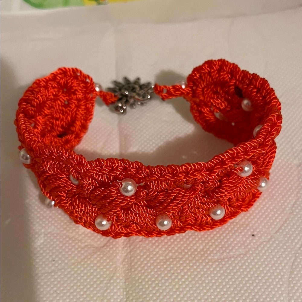 Vibrant Red Woven Bracelet with Pearls